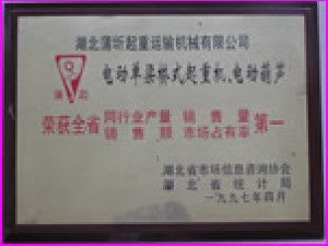1997年全省起重機械設備銷(xiāo)量第一榮譽(yù)。